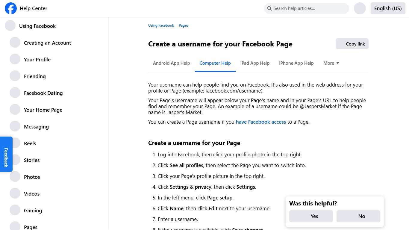 Create a username for your Facebook Page Facebook Help Center