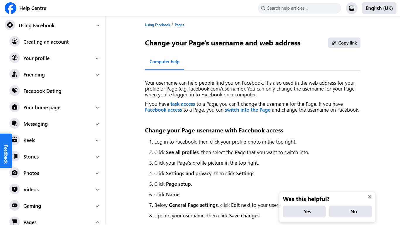 Change your Page's username and web address Facebook Help Centre