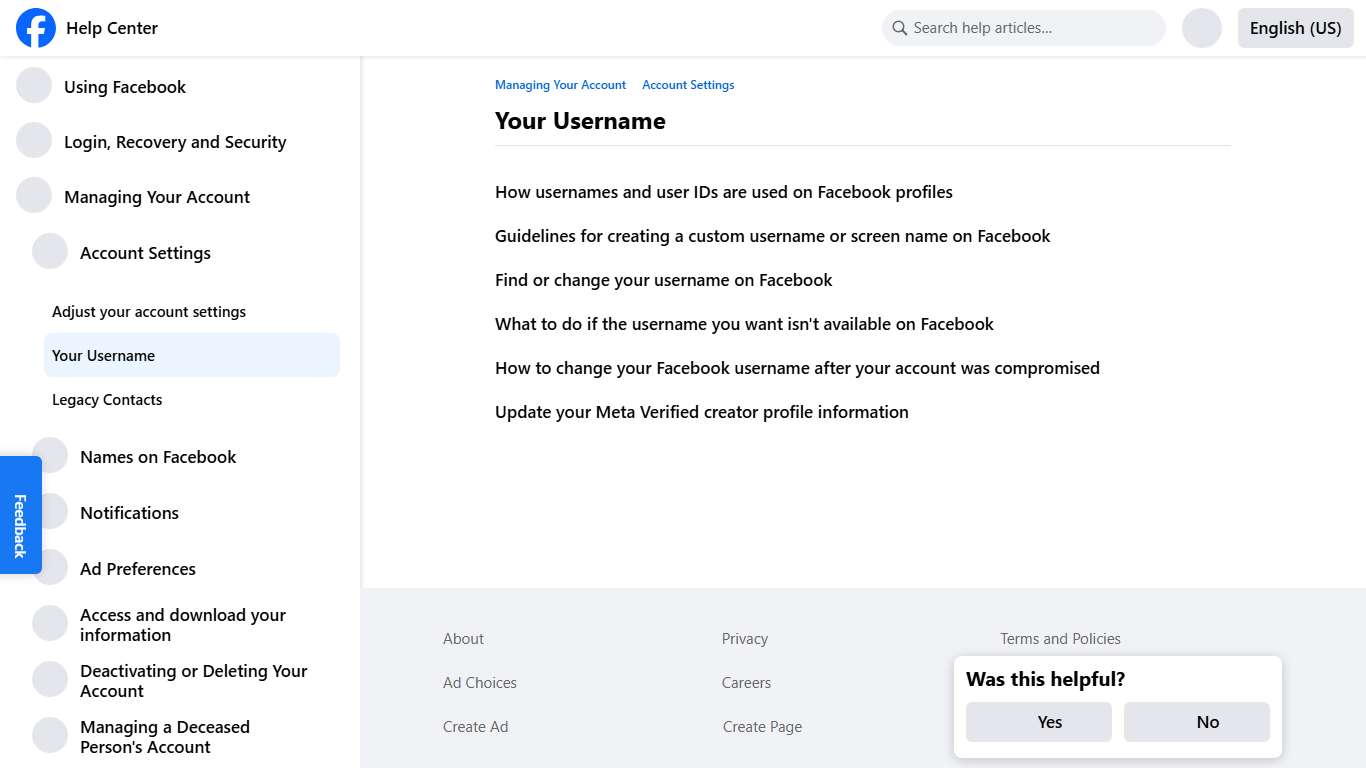 Your Username Facebook Help Center